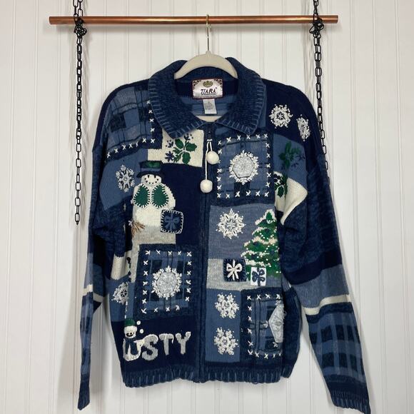 Tiara International Ugly Christmas Cardigan Sweater Blue Full Zip Snowman Sze XL - Picture 1 of 5